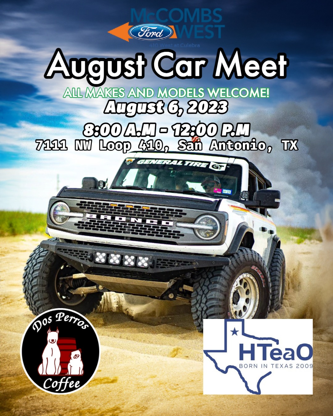 Bronco vehicle driving through the sand to promote McCombs West August Car Meet