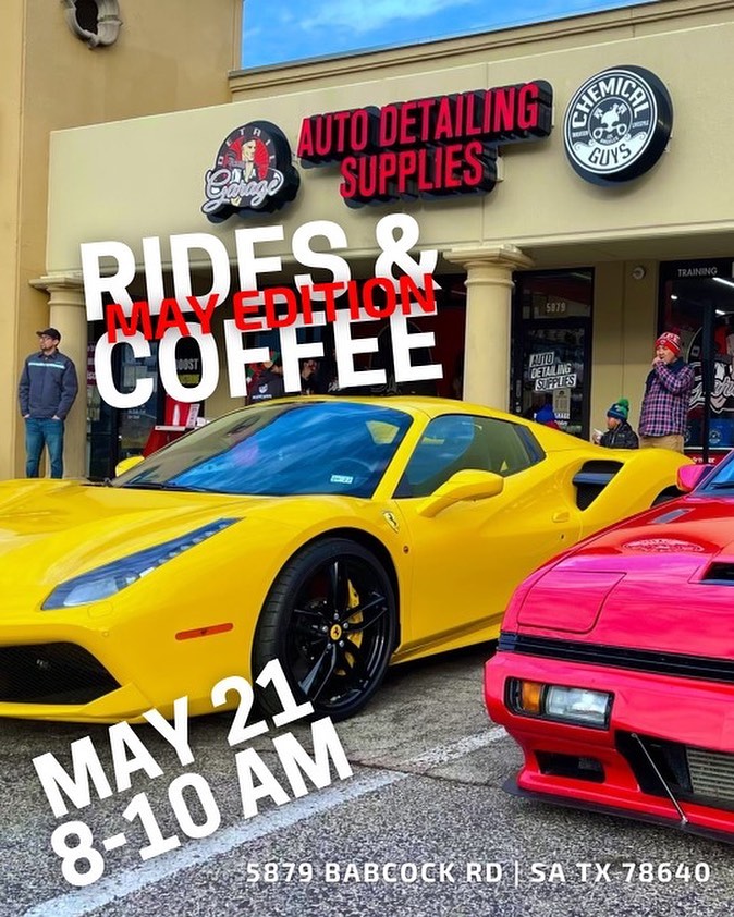 Poster for Rides & Coffee featuring a yellow sports car.